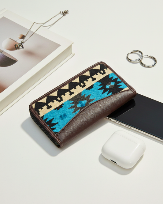 Jacquard Women Zipper Wallet - Blue Tribal Weave