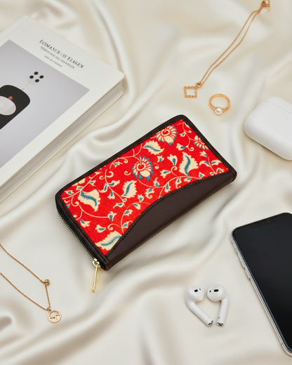 Handmade Women Zipper Wallet - Red Kalamkari